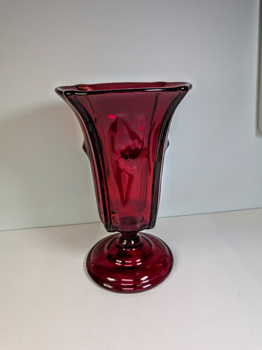 Vintage 1950s Anchor Hocking Royal Ruby Glass Paneled Thumbprint Vase 10.5"